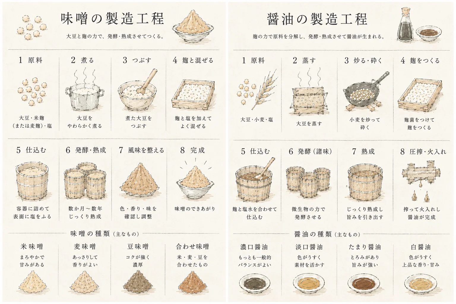 味噌と醤油の製造工程を並べた図。味噌は発酵した材料を残し、醤油は諸味をしぼって液体にする。