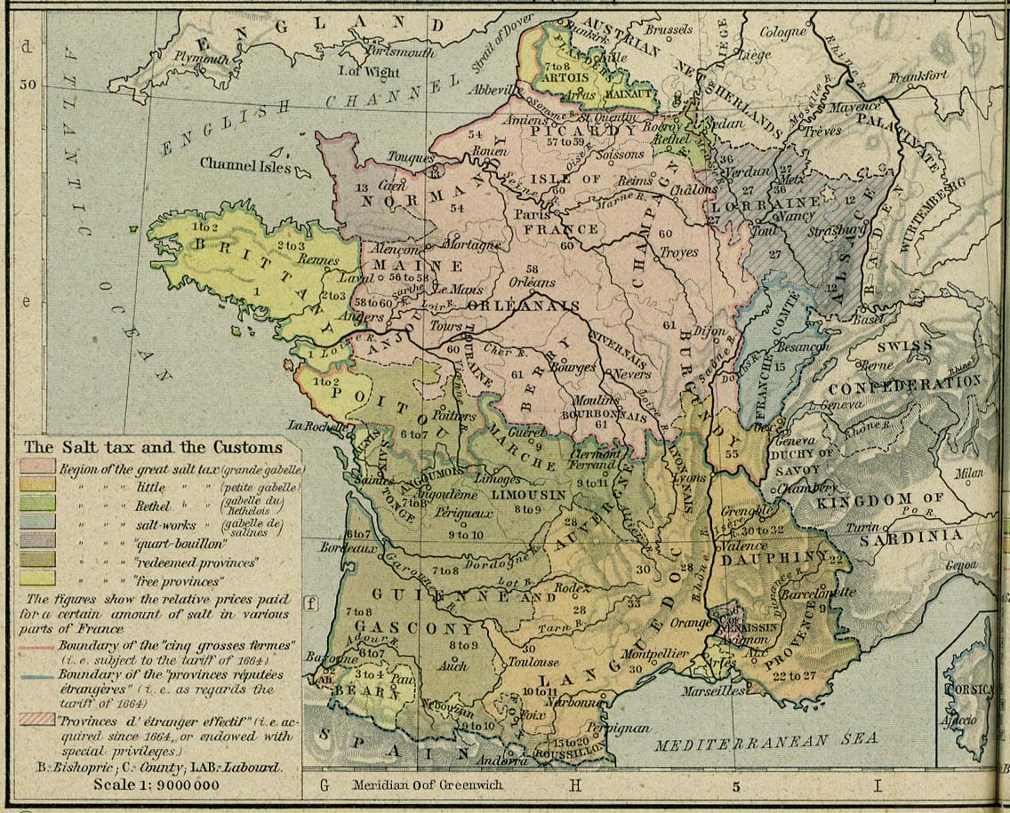 1789年フランスの塩税地域差を示す歴史地図。王国内の課税境界がそのまま不公平と密輸の線になることを視覚化している。