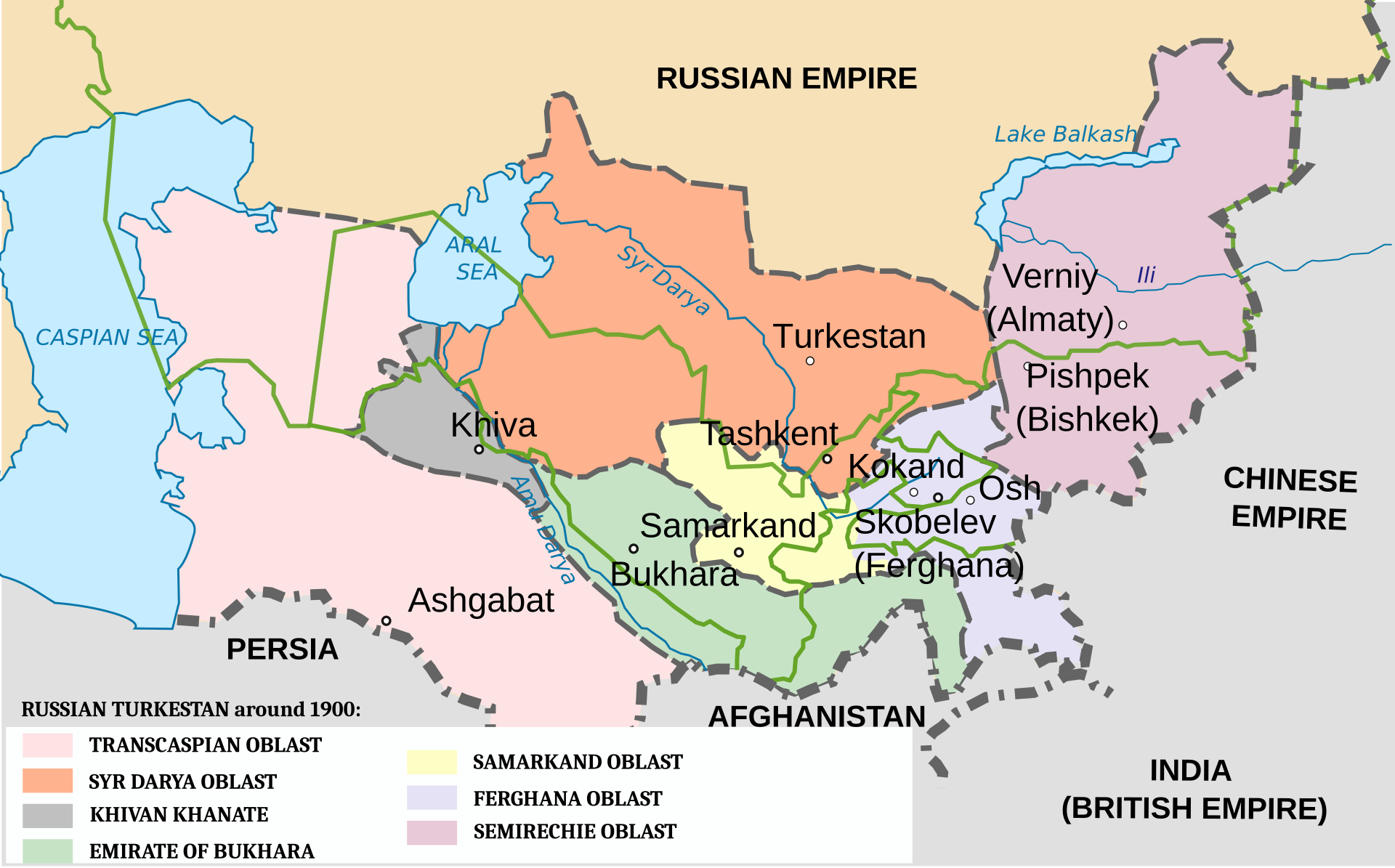 1900年前後のロシア領トルキスタン周辺を示す地図。タシュケント、サマルカンド、ブハラ、ヒヴァが、ロシア帝国、ペルシア、アフガニスタン、清の境界に囲まれている。