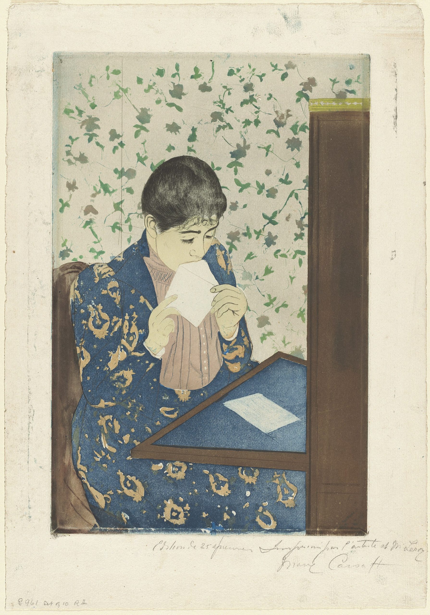 作者：メアリー・カサット / タイトル：「The Letter」（1890-1891年）。浮世絵の多色刷り木版画に触発され、ドライポイントとアクアチントで制作された版画連作のひとつ。