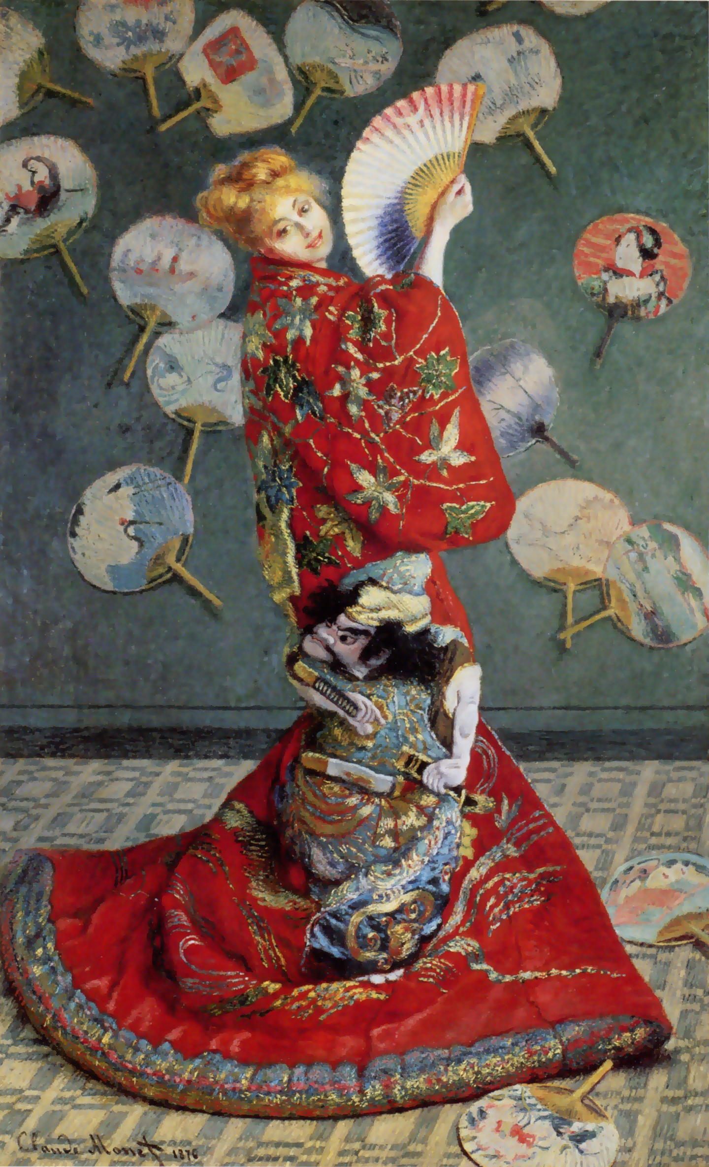 作者：クロード・モネ / タイトル：《ラ・ジャポネーズ》（1876年）。扇子が散りばめられた背景と着物をまとった妻カミーユ。